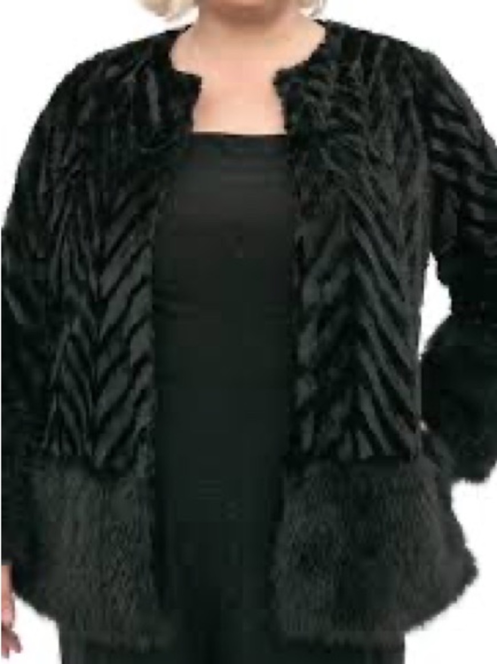 Nina Leonard Black Faux Fur Chevron-Textured Women's Sweater Jacket - Picture 2 of 10